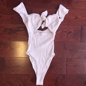 Urban outfitters ribbed white tie front bodysuit